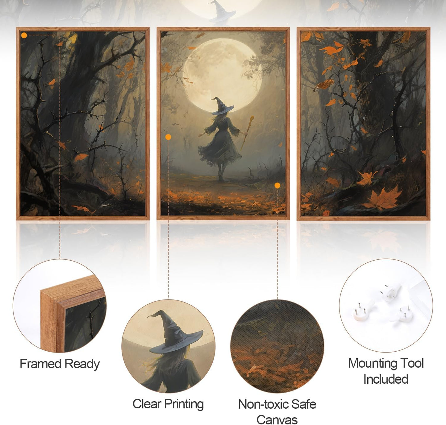 Aurlan Moonlight Witch in The Maple Forest Framed Wall Art(16"x24"), 3PCS Vintage Magical Witchy Gothic Halloween Canvas Artwork, Dark Academia Mystical Midnight Landscape Decor for Home Office Bedroom