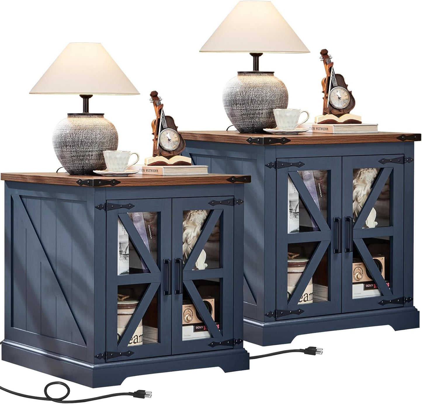 Farmhouse End Table Set of 2 with Charging Station, 24" Large Sofa Side Table with Glass Barn Door, Night Stand with Adjustable Shelf, Wood Nightstand, Square Bed Side Table for Living Room,Bedroom