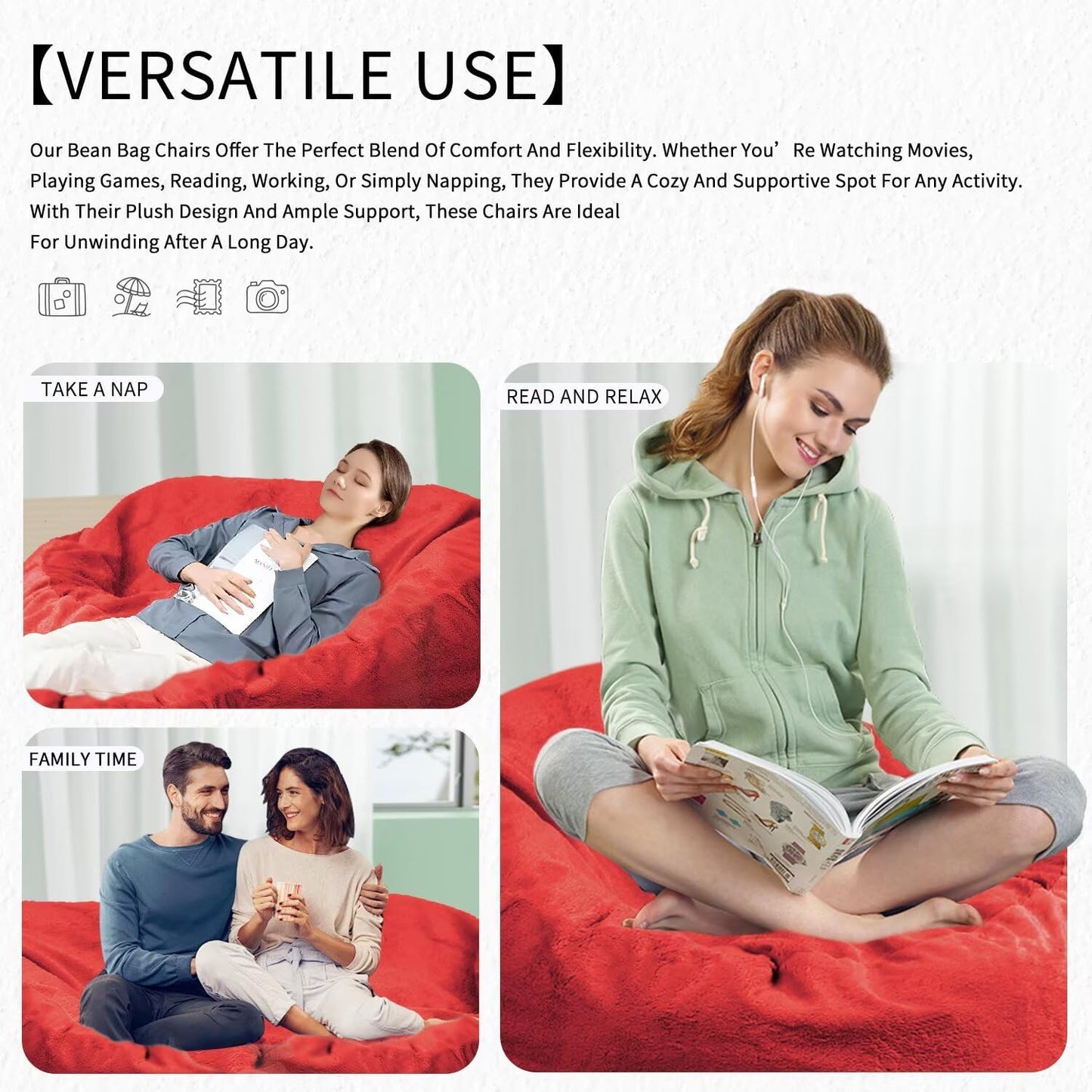 Bean Bag Chair for Adults 8FT,Soft Removable Cover for Teens/Girls Bedroom,Fluffy Giant Round Floor Beanbag Lounger Chairs (No Filler,Big Red)