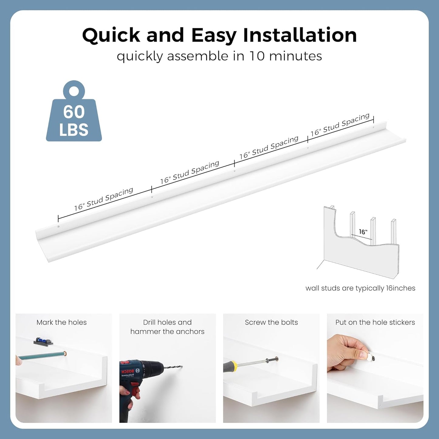 Picture Ledge Shelf for Wall, 72 inch Nursery Book Shelves 4 Packs, Large Long Floating Ledge Shelves for Kid's Room Bedroom Bathroom Living Room Photo Frames Office Nursery Wall Decor, White