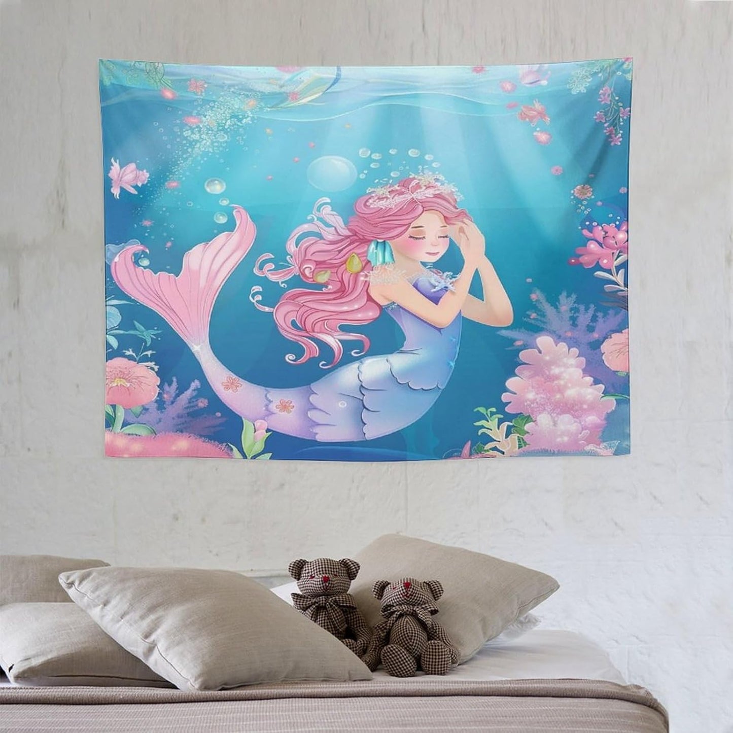 HZOHNAGO Mermaid Girls Tapestry Watercolor Flowers Mermaid Princess Blessing Pattern for Kids Room Decoration Printed Wall Tapestry Wall Hanging for Bedroom Living Room Dorm 40" W x 30" H