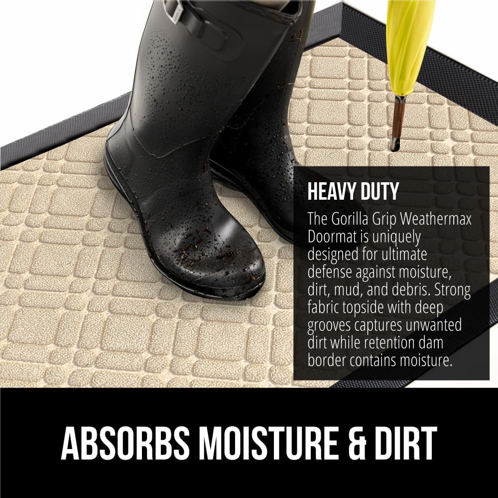 GORILLA GRIP 100% Waterproof All-Season WeatherMax Doormat US Designed Natural Rubber, Stain and Fade Resistant, Low Profile Indoor Outdoor Door Mats, Easy Clean Patio Mat, 17x29, Modern Latte