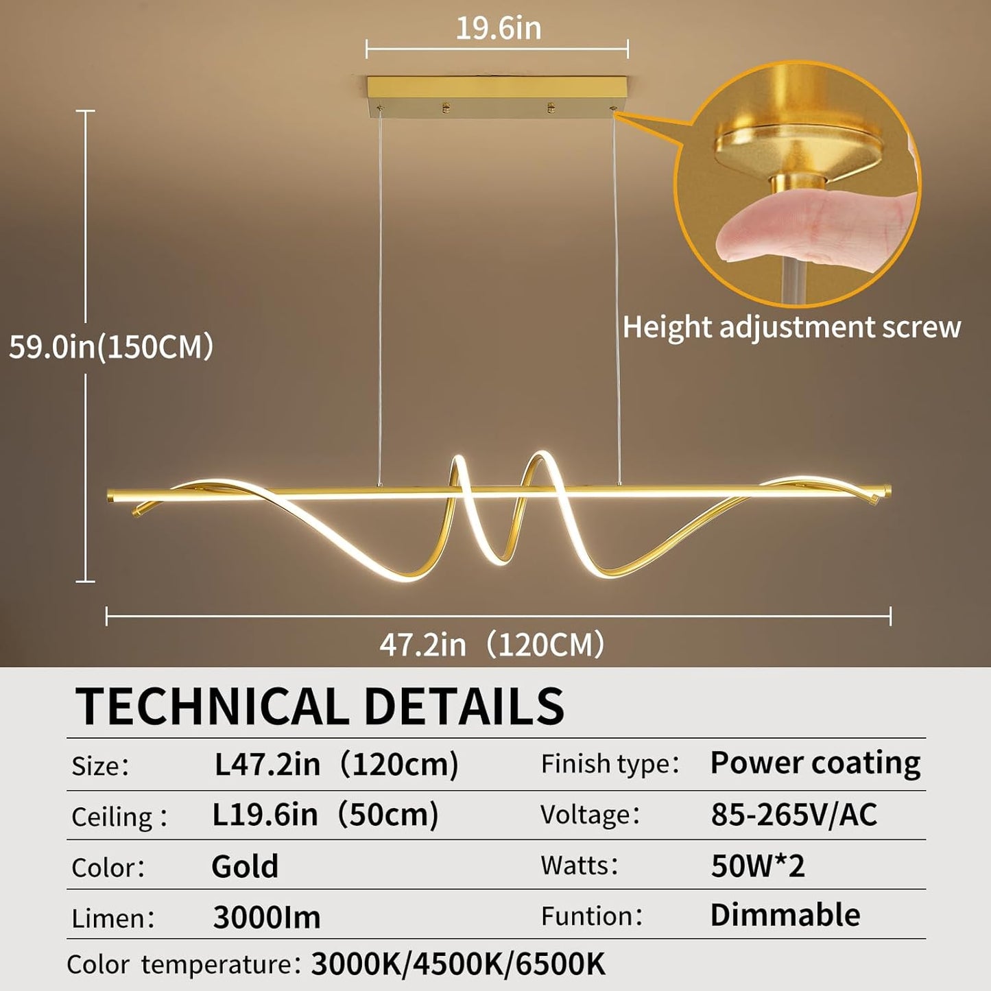 Modern Design Dimmable Desk Linear Pendant Light, with Remote Control Dimmable 3 Color Mode & Brightness Ceiling Lamp, Anti-Flicker Dining Light Fixture for Kitchen, Dining Room (Gold, 47IN)