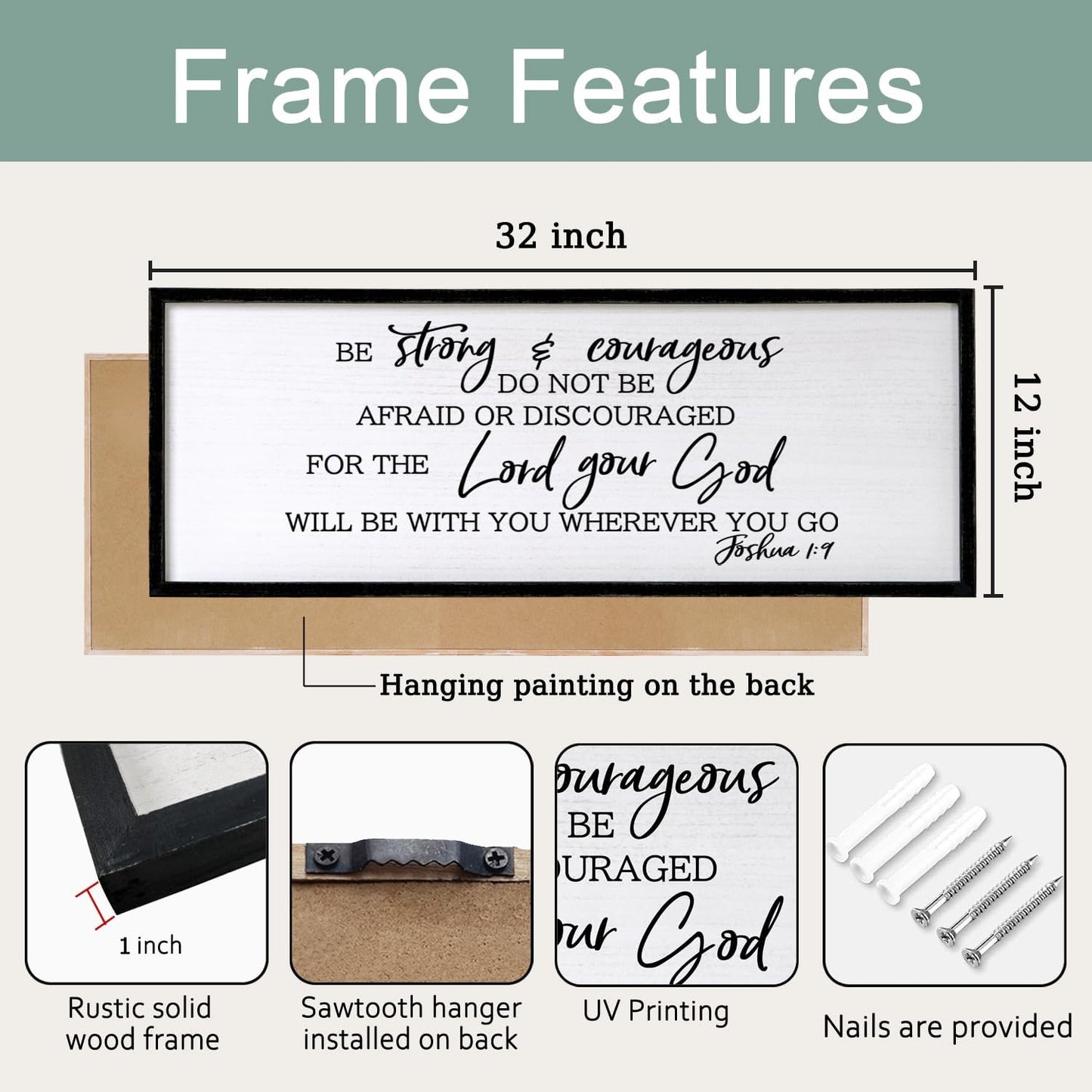 Be Strong And Courageous Sign Bible Verse Framed Wall Art, 32''×12'' Rustic Religious Christian Proverbs 3:5-6 Sign, Horizontal Holy Inspirational Catholic Scripture Decor