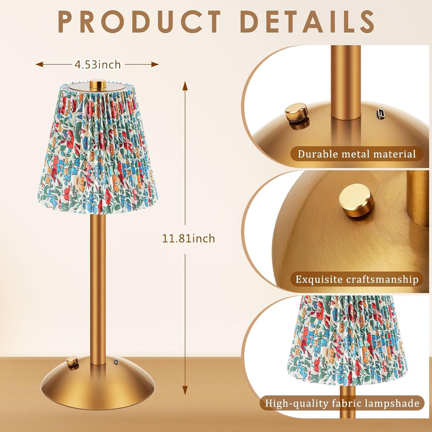 Liliful 2 Pcs LED Portable Cordless Table Lamp Touch Battery Operated Rechargeable Desk Lamp 3 Color Dimmable for Bedroom Living Room Dining (Floral Style,Gold)