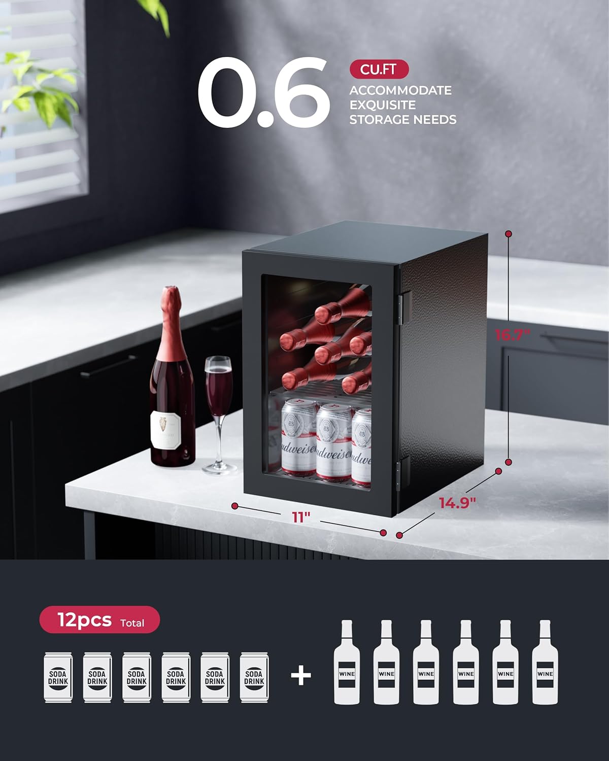 6 Bottles and 6 Cans Compact Beverage Refrigerator, Freestanding Mini Fridge with Temperature Control for Beer Wine, Under Counter Small Refrigerator Adjustable Shelve & Glass Door for Home and Bar