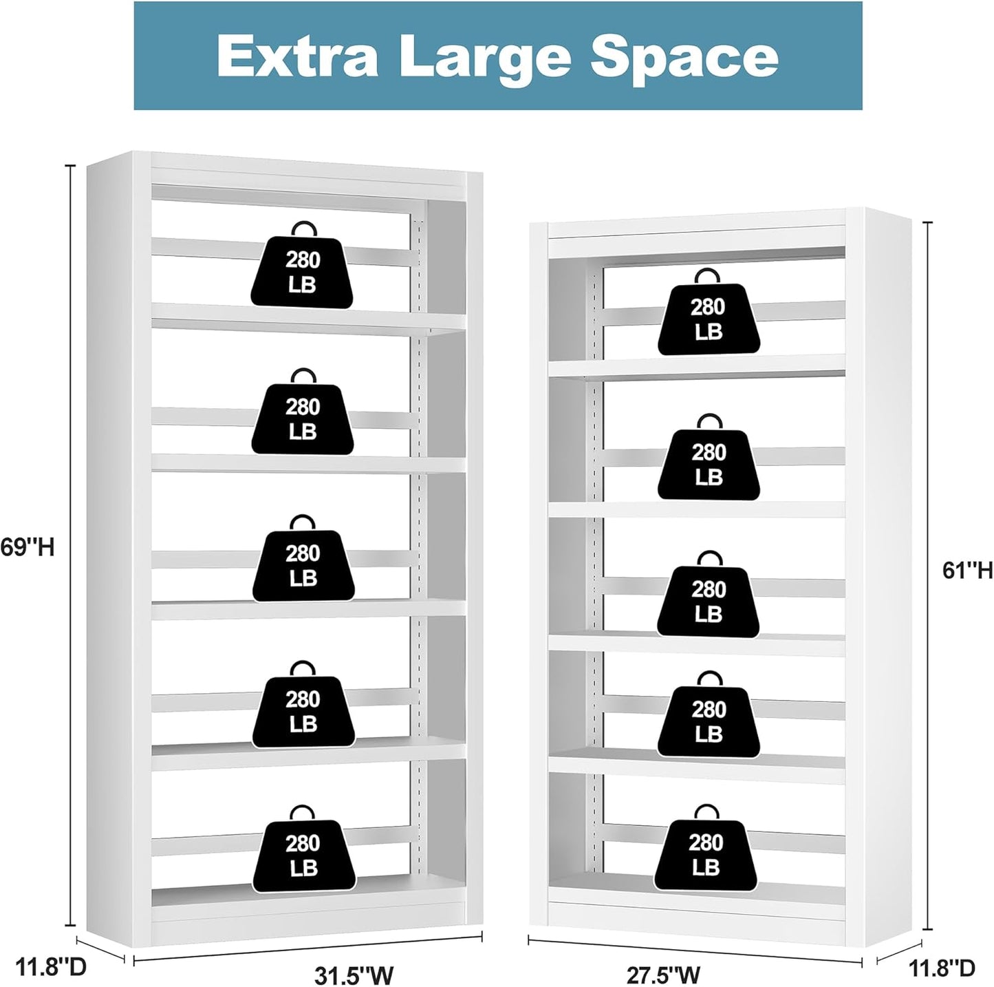 Bookshelf, 5-Tier Sturdy Bookcase, Adjustable Book Shelf, Large Capacity per Shelf, Modern Book Shelf for Living Room, Home Office, Garage, Ideal for Home Organization & Stylish Upgrades