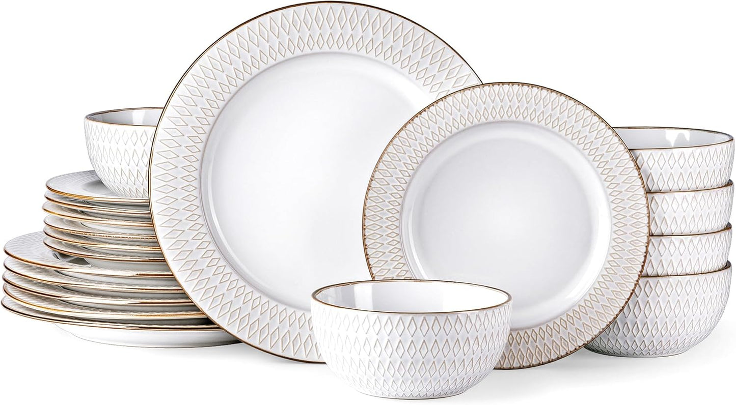 GBHOME Ceramic Dinnerware Sets,18 pcs Embossed Elegant Stoneware Plates and Bowls Sets, Housewarming Wedding Gift | Dishwasher & Microwave Safe | Dishes Set Service for 6
