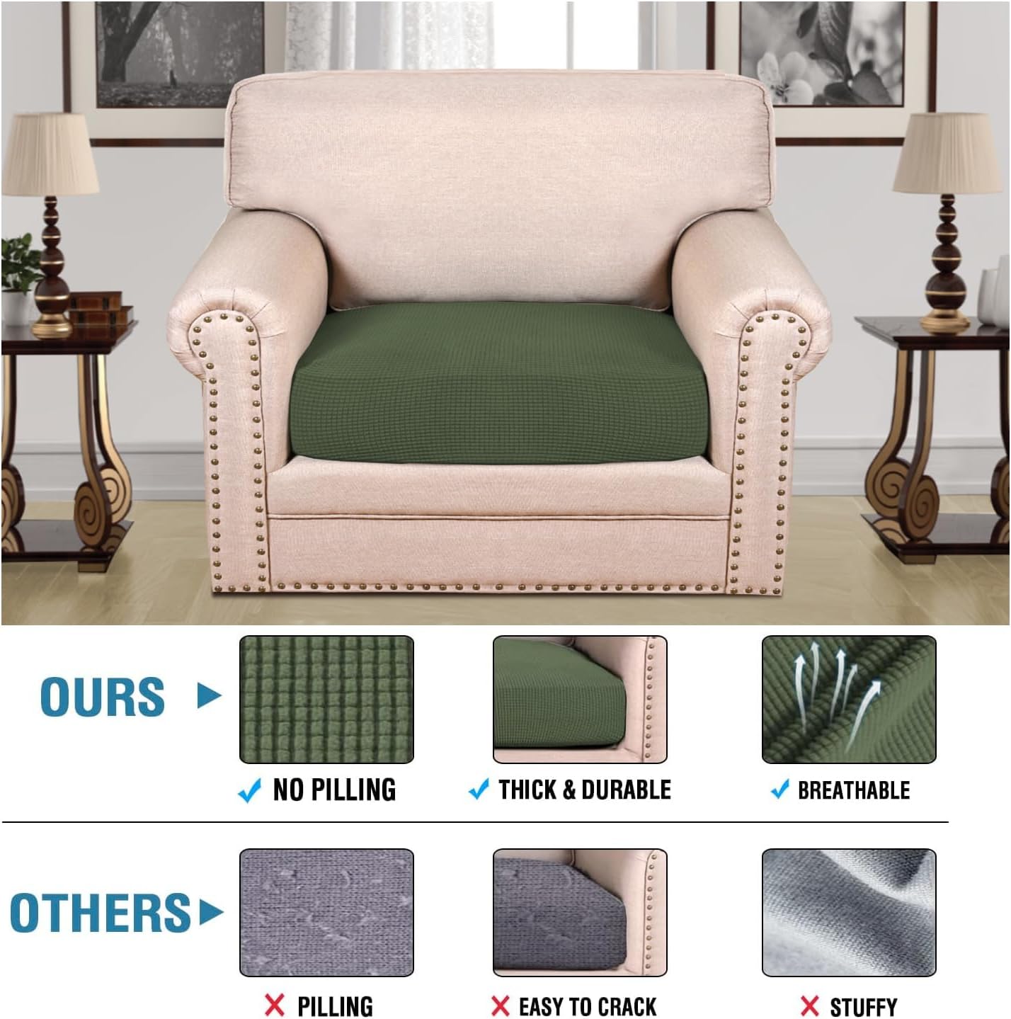 H.VERSAILTEX Super Stretch Individual Seat Cushion Covers Sofa Covers Couch Cushion Covers Slipcover Sets Thick Jacquard Textured Twill Fabric (1 Piece Chair Cushion Cover, Bronze Green)