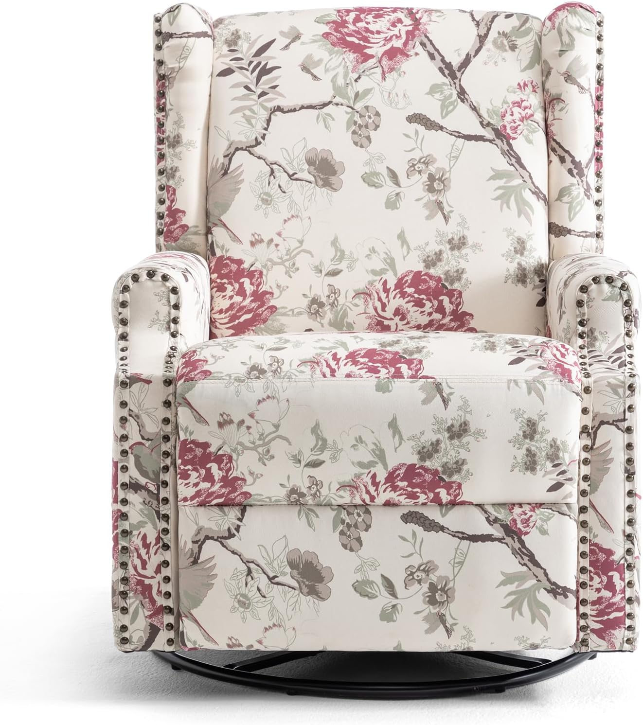 UIXE Swivel Rocker Manual Recliner Chair, Wingback Swivel Glider Fabric Nursery Reclining Sofa Chair, High Back Upholstered Arm Chair for Living Room Bedroom - Beige Floral