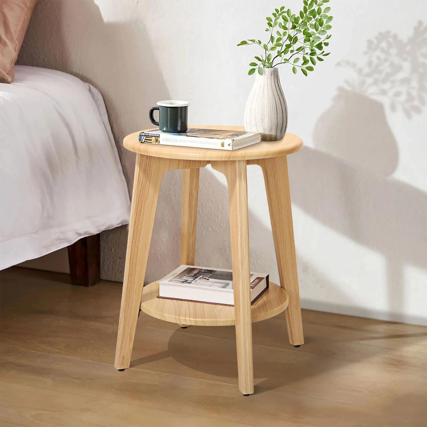 End Table Small Round Side Table with 2 Storage Shelves Walnut End Tables Accent Sofa Bedside Table Modern Night Stand for Living Room Bedroom Small Spaces