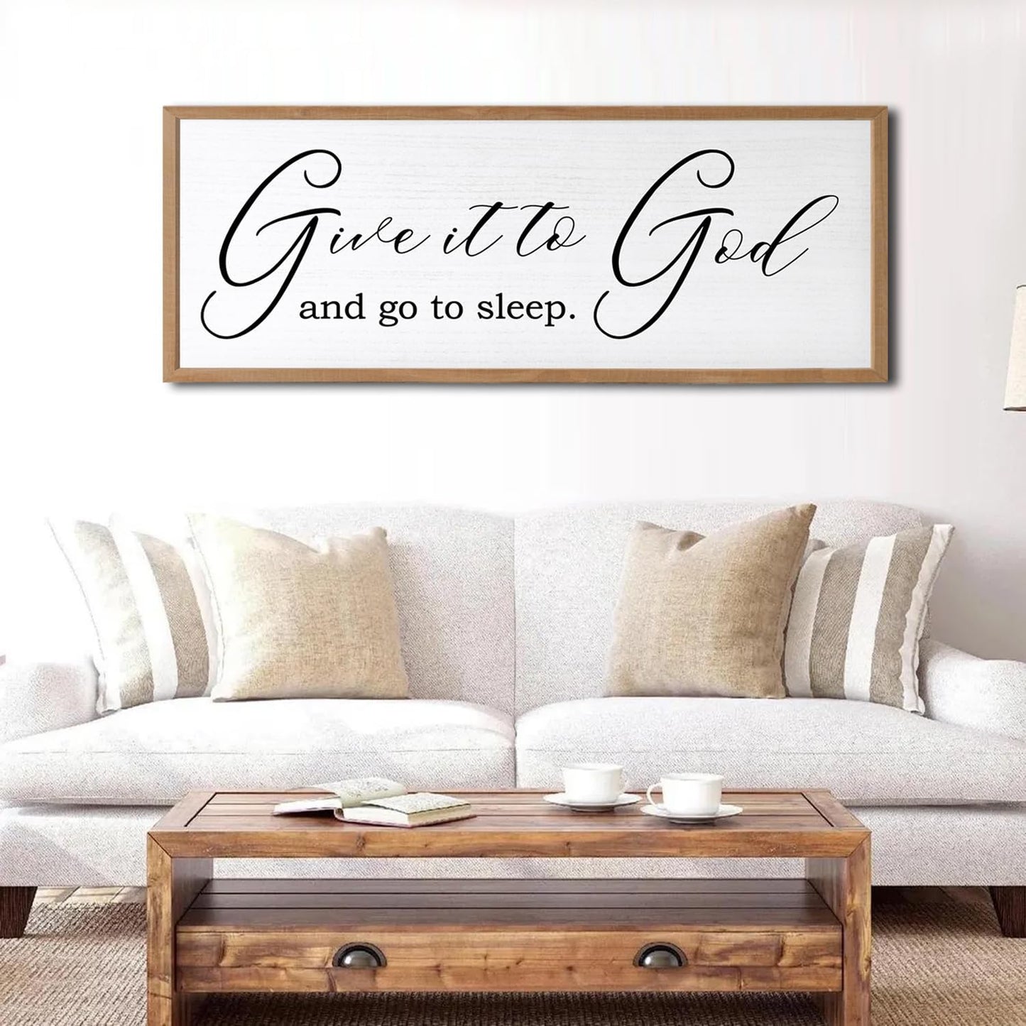 Give It To God And Go To Sleep Sign Wall Decor 40x15 Inch Large Farmhouse Master Bedroom Above Bed Hanging Wall Art Rustic Guest Room Wood Framed Over Bed Wall Decoration (Wood White)