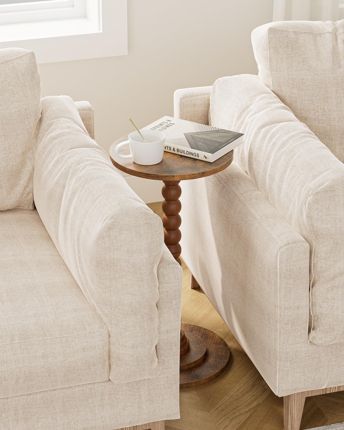 Masupu Round Side Table, Small End Table for Small Spaces, Pedestal Drink Table with Solid Wood Leg for Living Room, Bedroom, Corners(Rustic Brown)