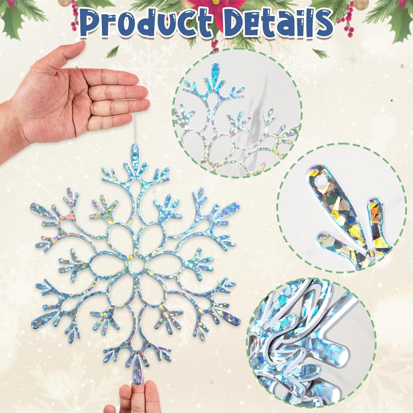 12pcs Large Iridescent Snowflakes Christmas Ornaments-12 Big Plastic Glitter Hanging Snow Flakes for Christmas Tree Decorations Winter Indoor Outdoor Window Home Decor Giant Craft Snowflakes
