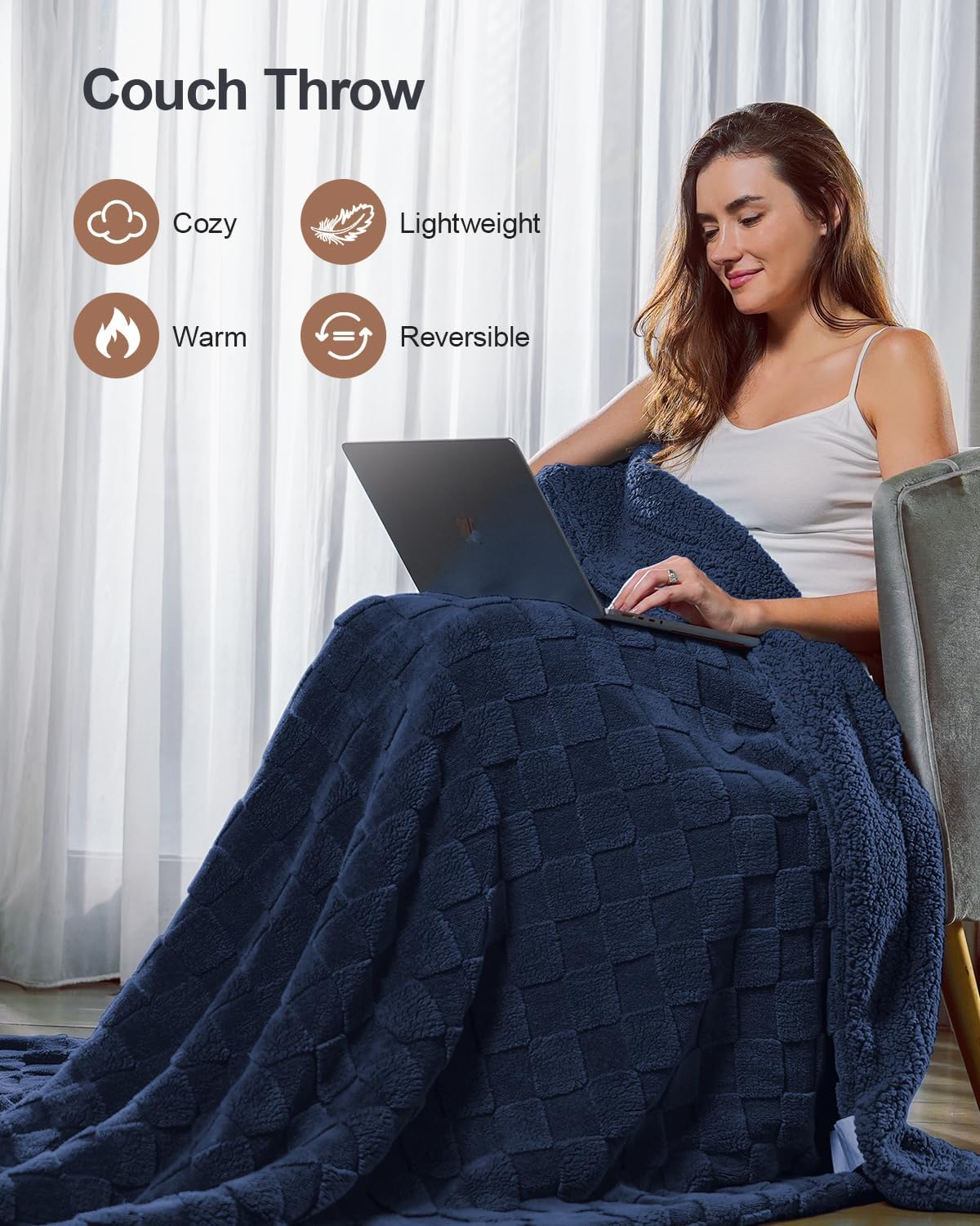 Pawque Super Soft Cozy Throw Blanket Twin Size for Couch Bed, Fluffy Sherpa Fleece Reversible Thick Warm Fuzzy Blanket for All-Season, 3D Checkered Jacquard Decorative Blankets, Navy Blue, 60" x 80"