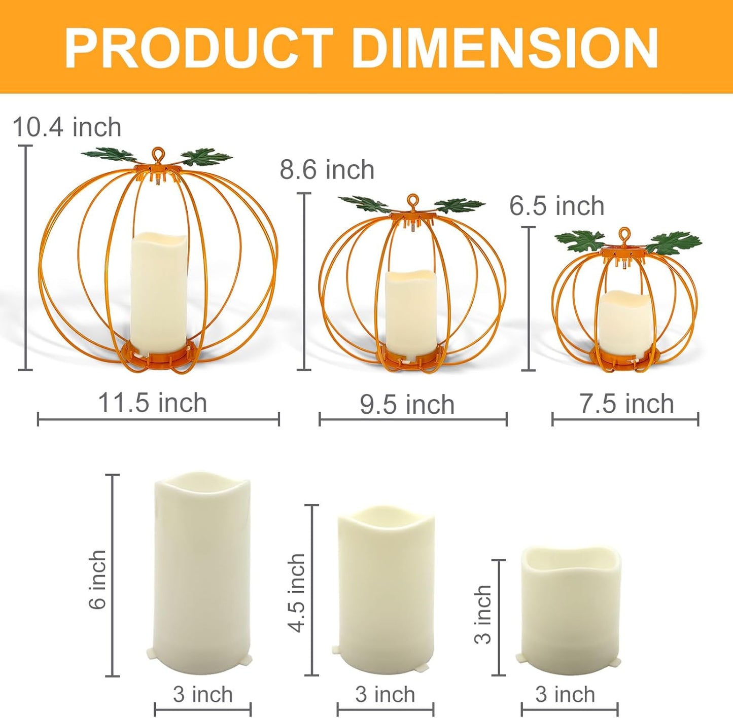 Halloween Metal Pumpkin Candle Holder, 3 Pcs Light up Orange Pumpkin Lantern with LED Flickering Yellow Candle Lights Build in Timer for Thanksgiving Halloween Harvest Fall Home Decor