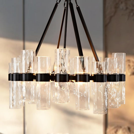 Round Black Glass Wagon Wheel Chandelier, Chandelier with Water Ripple Textured Recycled Clear Glass Piece, Modern Industrial Pendant Light with Metal Frame, Lighting Fixture for Living Room, Foyer