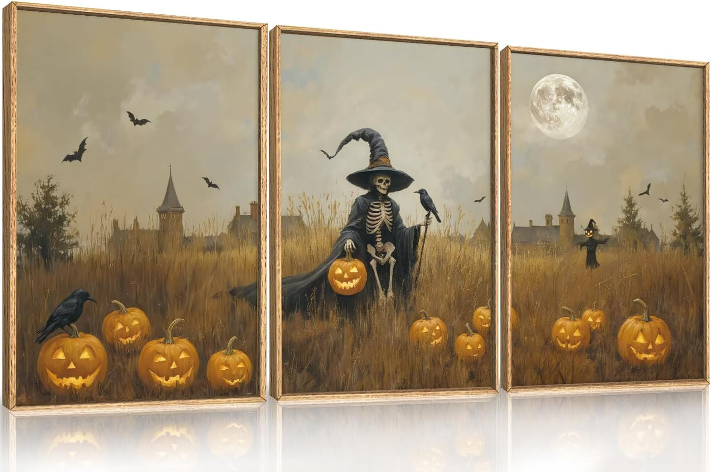 Celestdeco Halloween Ghost Reaper Framed Wall Art Set, Scary Witchy and Pumpkin Wall Decor, Horror Night Wall Painting, Full Moon Bats Art Prints for Living Room,Bedroom,Halloween Themed Party Decoration-16"×24"×3