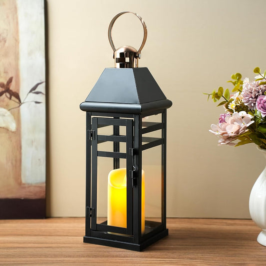TRIROCKS Decorative Vintage Candle Lanterns 15.5" H Farmhouse Outdoor Hanging Lanterns with Tempered Glass for Porch, Balcony, Patio, Home, Centerpieces, Indoor, Outdoor(Black with Gold top)