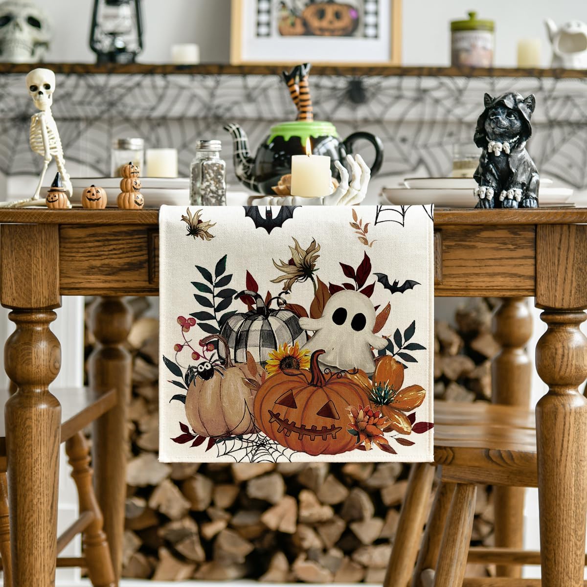 Artoid Mode Pumpkin Ghost Leaves Spider Web 210 GSM Halloween Table Runner, Spooky Kitchen Dining Table Decoration for Home Party Decor 13x72 Inch