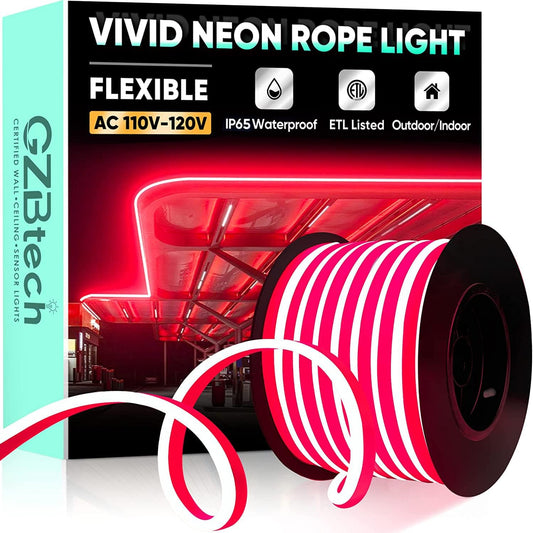 GZBtech Flexible LED Neon Rope Lights 66FT,AC 110-120V Waterproof Strip Light, 120 LEDs/M Cuttable Connectable Neon Lighting for Indoor Outdoor Home Decor/Commercial Building Use-Red 20M