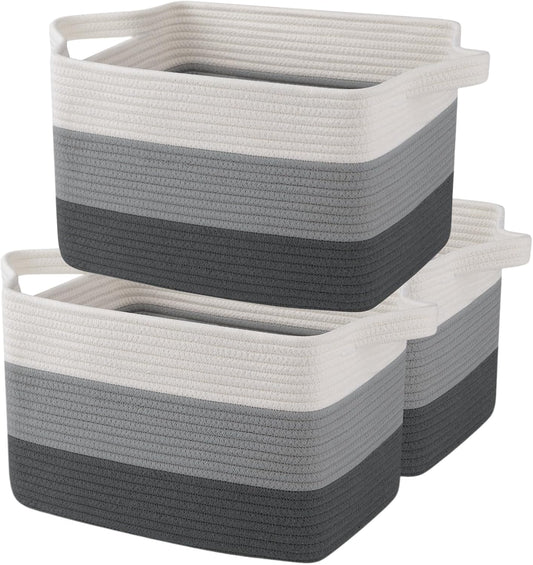 OIAHOMY Storage Basket, Woven Baskets for Storage, Cotton Rope Basket for toys,Towel Baskets for Bathroom - Pack of 3, Gradient Dark Gray