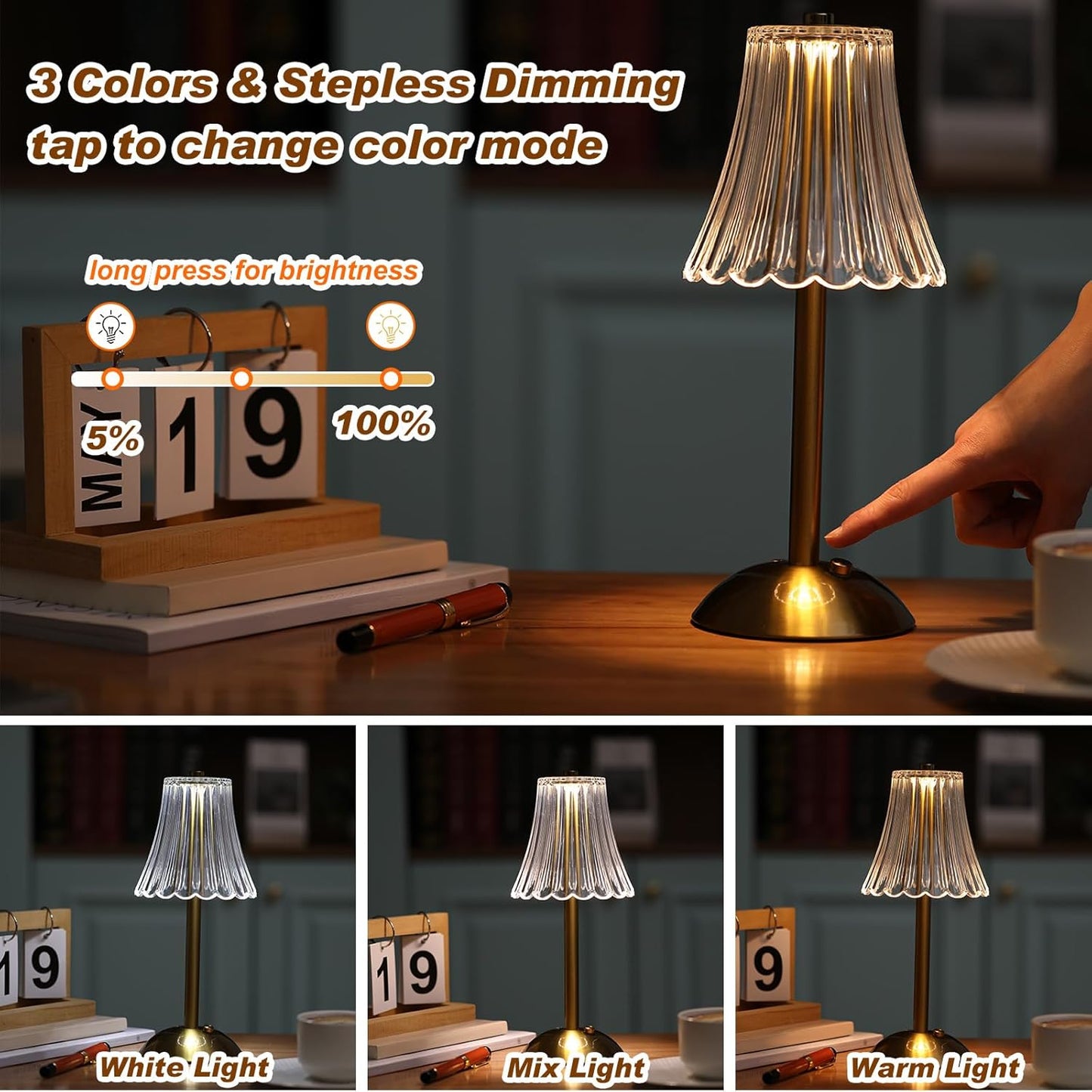 Liliful 2 Pcs LED Portable Cordless Table Lamp Touch Battery Operated Rechargeable Desk Lamp 3 Color Dimmable for Bedroom Living Room Dining (Rose Style,Gold)