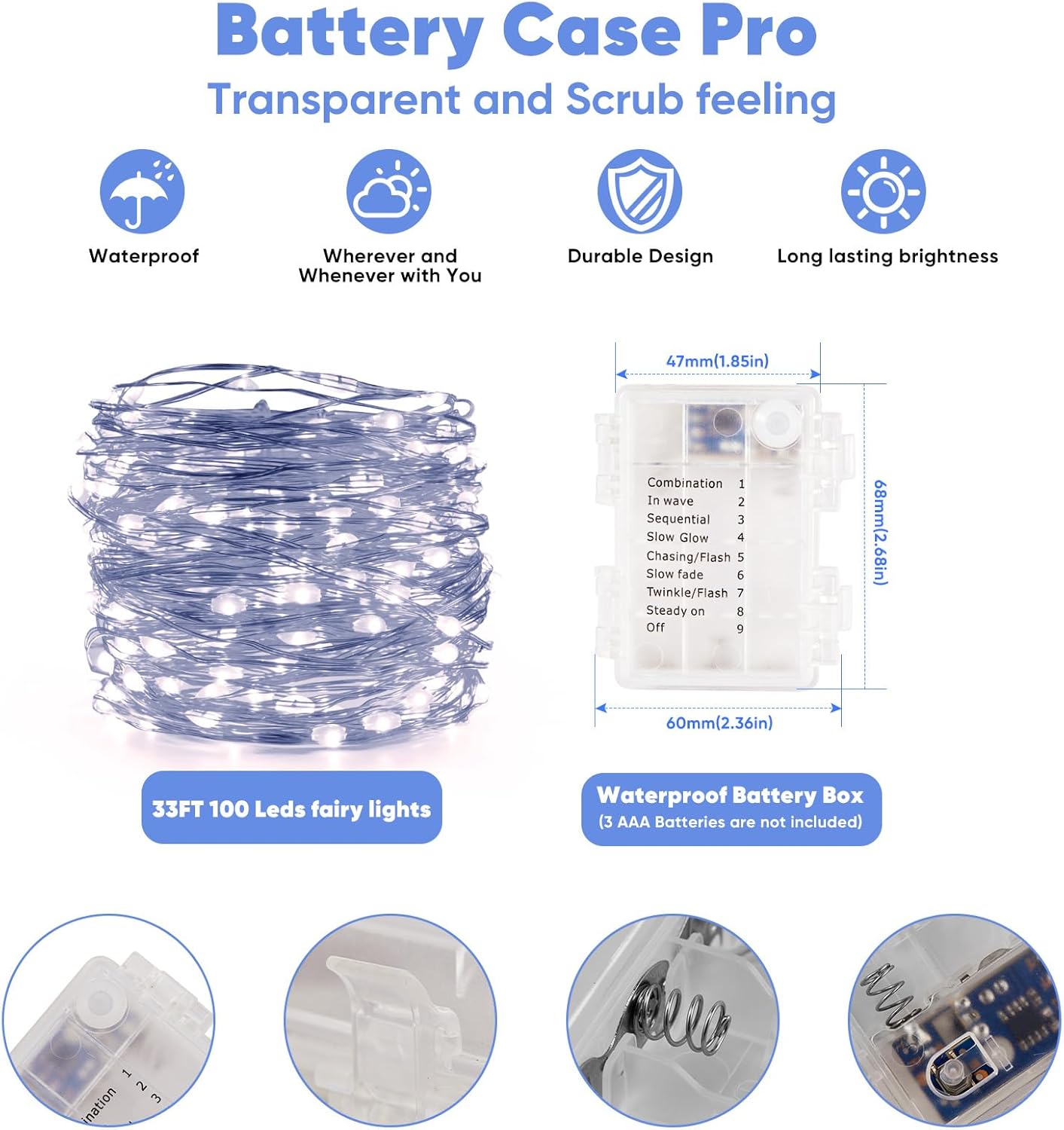 1 Pack 32.8 Ft. Battery Operated Outdoor String Lights with Remote & Timer, LED Cool White Fairy Lights, Waterproof Twinkle Lights for Bedroom, Dorm, Mason Jar, Wedding, Party, Christmas