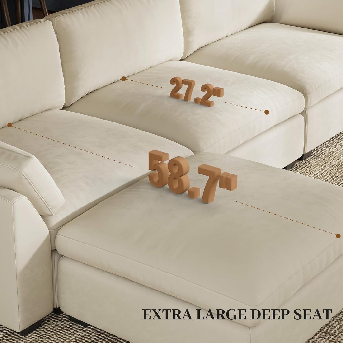 Belffin Sectional Couches for Living Room,106.3" 6-Seater Sleeper Sofa Bed,Extra Deep Seat Velvet Cloud Couch with Ottoman,Modular Sectional Sofa with Washable Covers,Beige