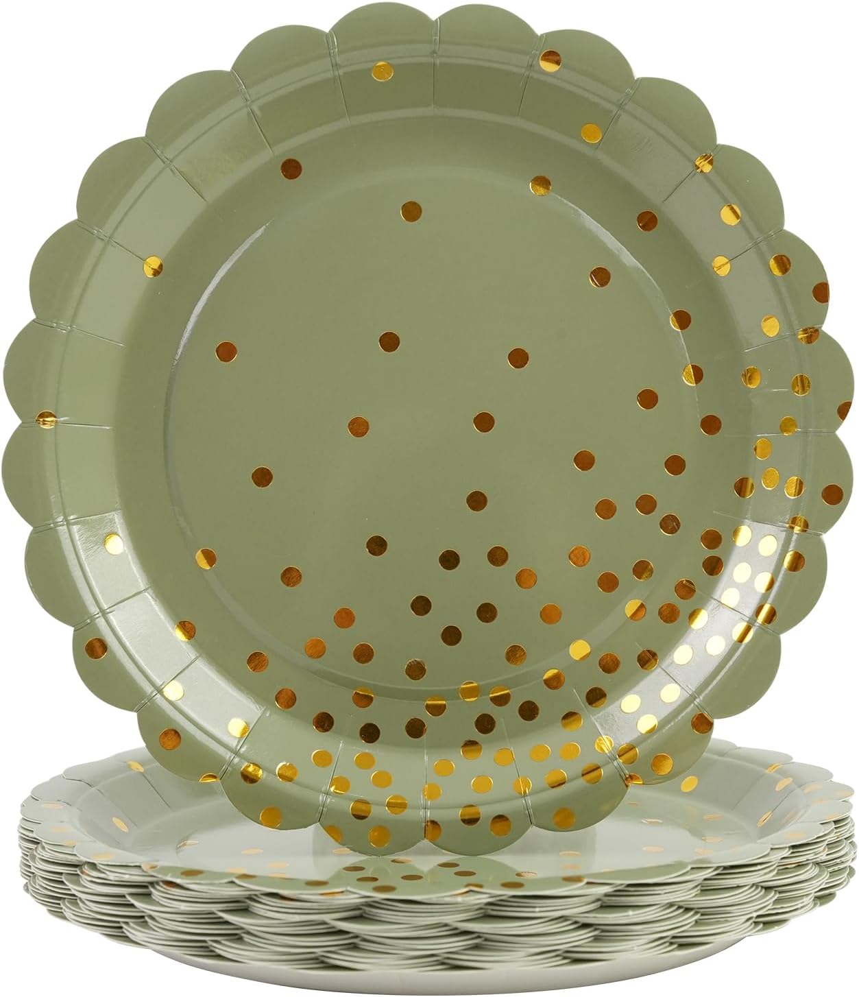 50PCS Sage Green Paper Plates, 7 Inch Scalloped Green and Gold Party Plates Disposable Foil Polka Dots Dessert Plate Cake Plate for Birthday, Baby Shower, Wedding, Bridal Shower St Patricks