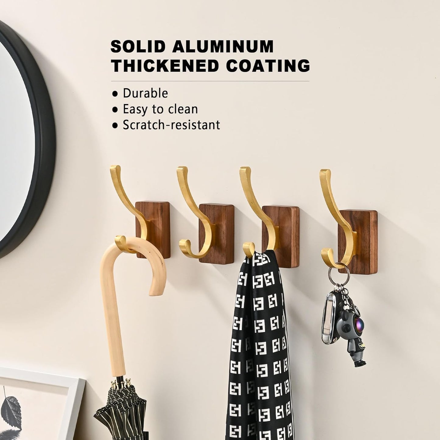 4 Pack Wooden Wall Hooks for Hanging, Adhesive Mounted & Wall Mount Nature Wood Coat Hook for Towel Clothes Blanket Hat Backpack Robe Nursery Door Board Entryway Key Holder Brushed Gold