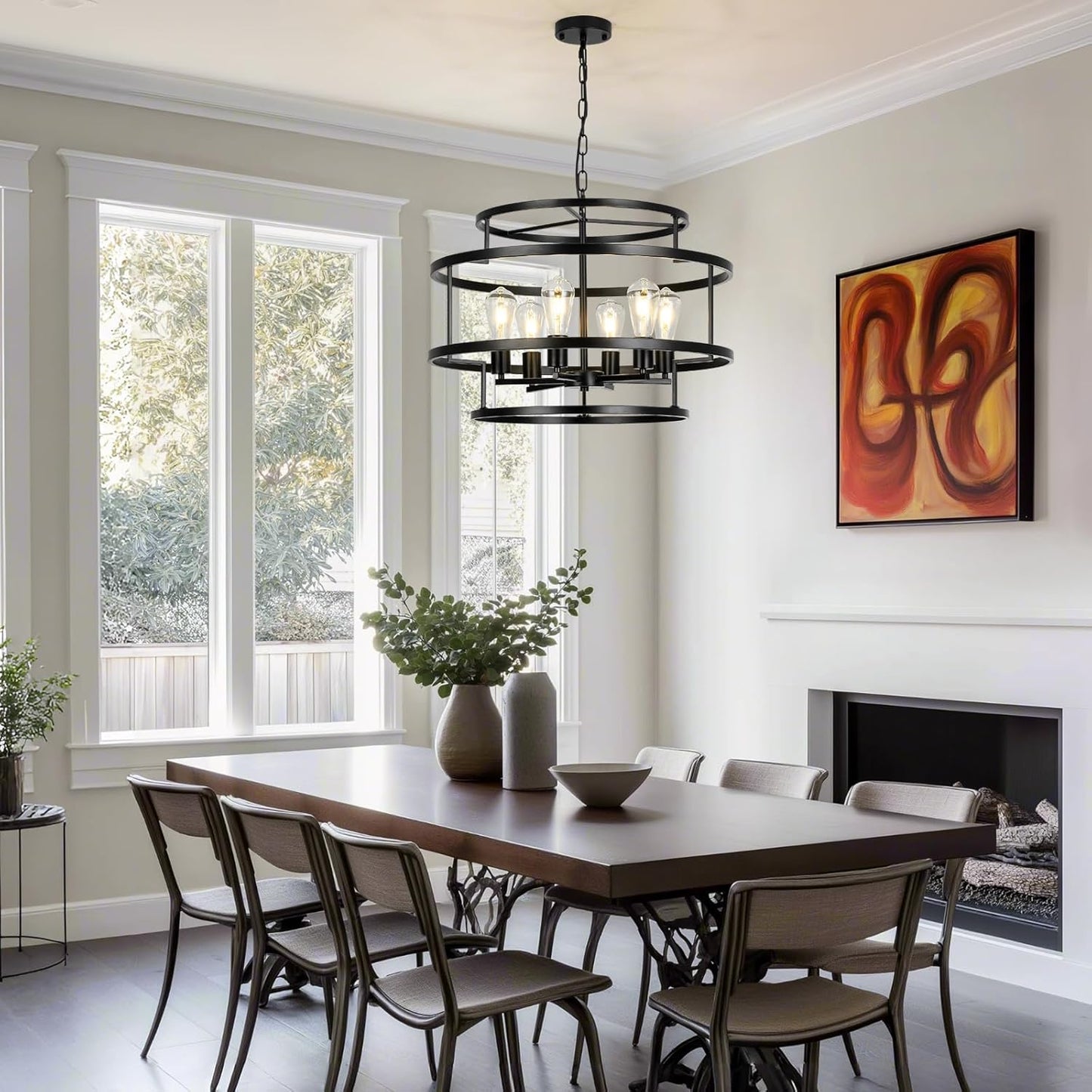 24" Black Chandelier, 6-Light Farmhouse Pendant Light Fixture with Geometric Metal Frame, Modern Industrial Ceiling Hanging Light for Dining Room, Living Room, Bedroom, Kitchen Island, Hallway, Foyer