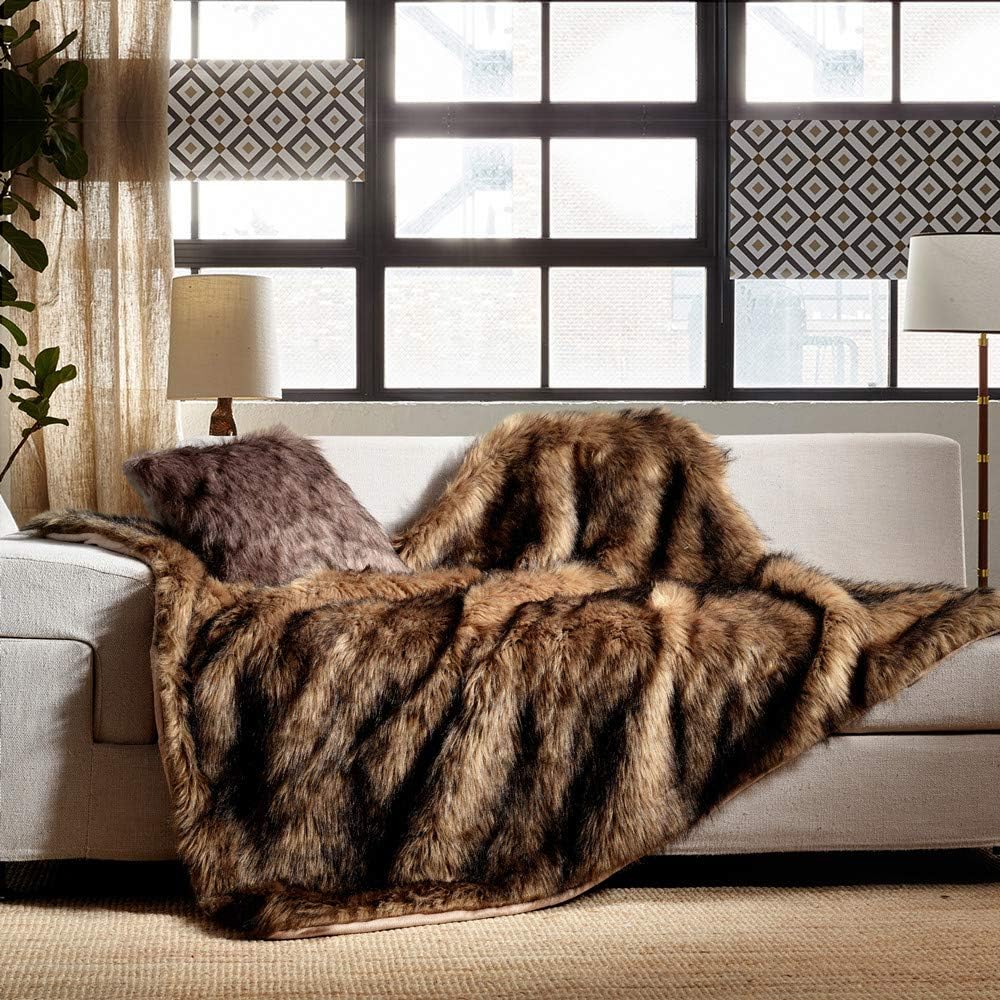 Luxury Plush Faux Fur Throw Blanket, Long Pile Brown with Black Tipped Blanket, Super Warm, Fuzzy, Elegant, Fluffy Decoration Blanket Scarf for Sofa, Armchair, Couch and Bed, 60''x 80''