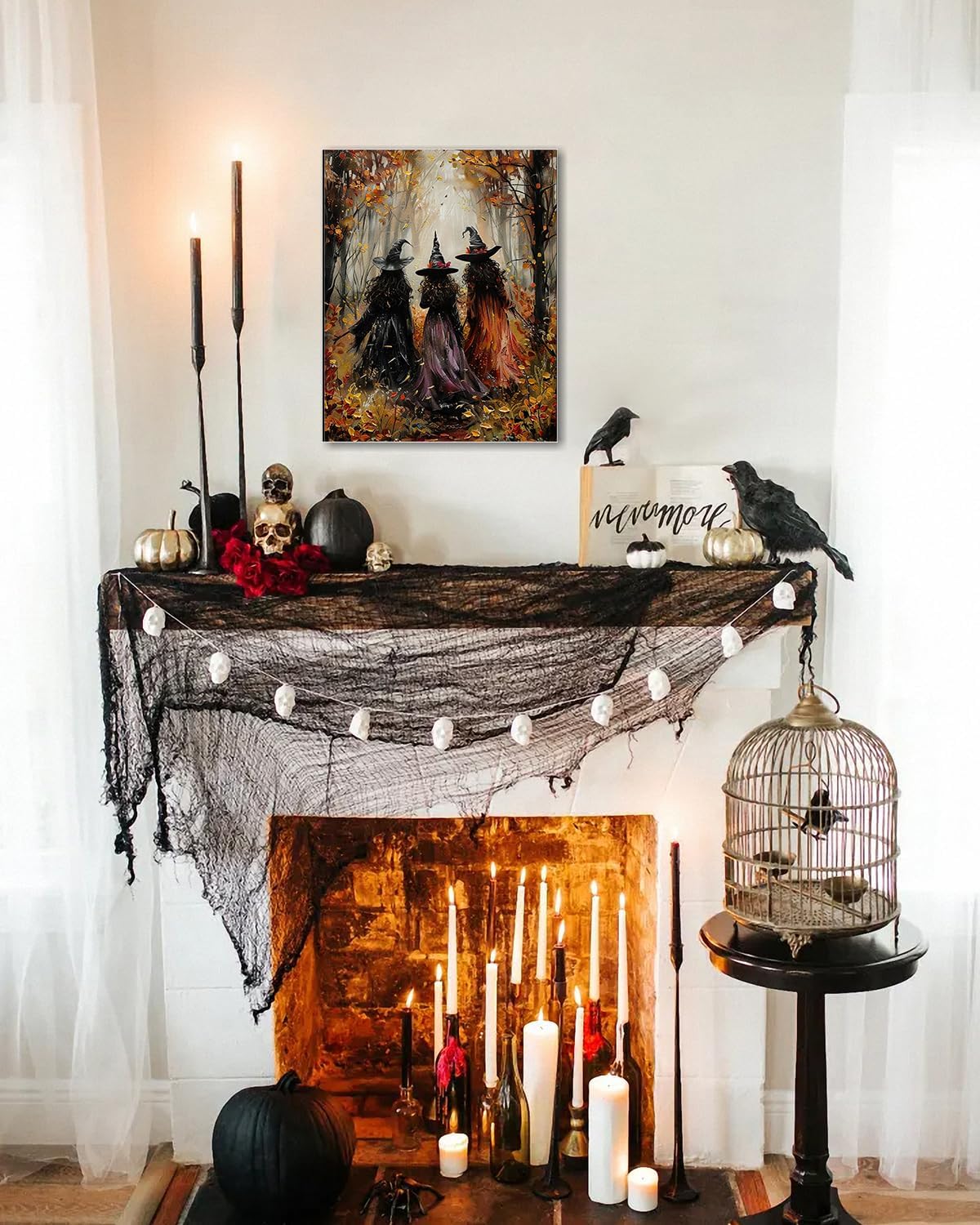 Halloween Canvas Wall Art, Vintage Three Witches Poster, Gothic Dark Academia Wall Decor, Spooky Halloween Decor for Living Room, Bedroom & Bathroom, Framed Fall Decorations Indoor