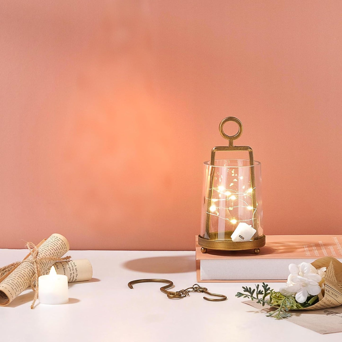 3'3" Wide Modern Metal Hurricane Lantern with Handmade Sturdy Glass Sleeve in Brass for Tealight Candle & Plants, Farmhouse Hurricane Industrial, Minimalistic, Shabby Chic (1, Brass, 3.3"x5.2")