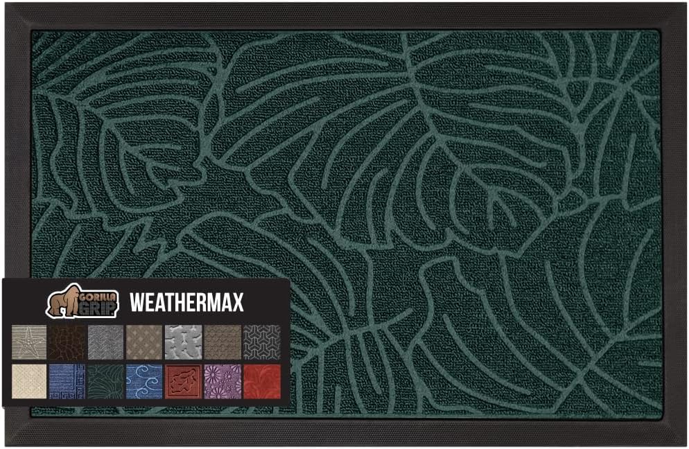 GORILLA GRIP 100% Waterproof All-Season WeatherMax Doormat, 60x24, US Designed Natural Rubber, Stain and Fade Resistant, Low Profile Indoor Outdoor Door Mats, Easy Clean Patio Mat, Green Palm