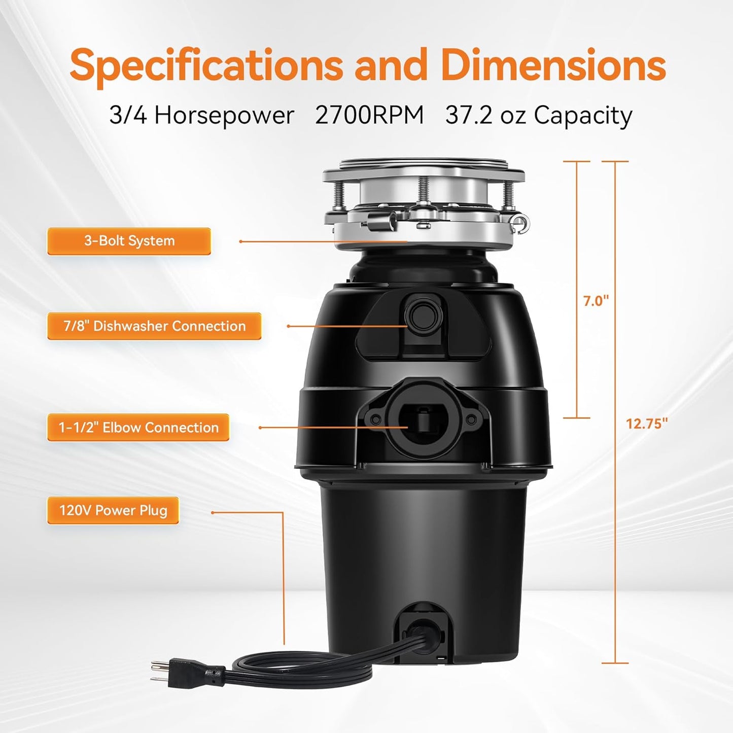 3/4 HP Garbage Disposal, TECASA Food Garbage Disposal with Power Cord, Stainless Steel Grinding System and 3-Bolt Mounting, Continuous Feed Garbage Disposals, Quiet, Taskmaid Series 75