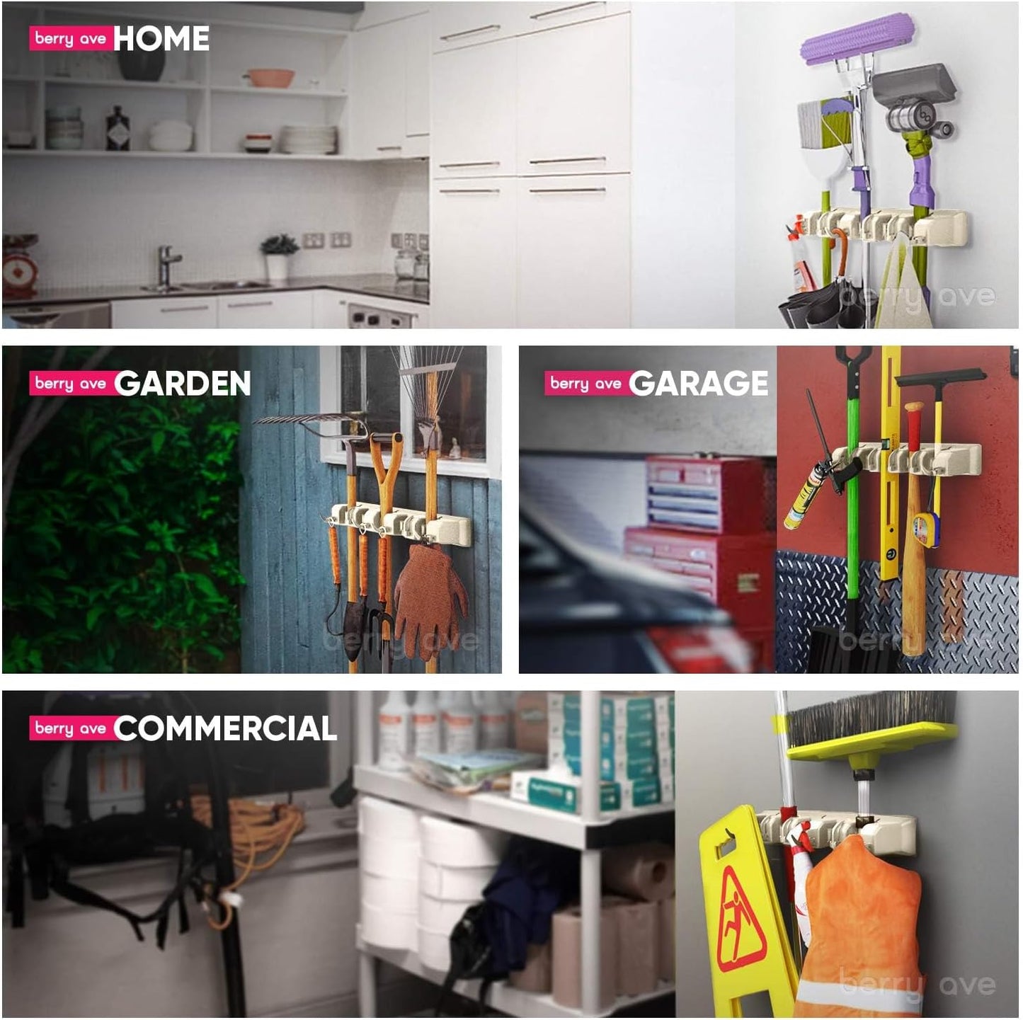 Berry Ave Broom Holder & Wall Mount Garden Tool Organizer- Kitchen, Closet, Garage & Laundry Room Storage With 5 Slots And 6 Hooks- Wall Holder For Broom, Rake & Mop Handles Up To 1.25” [Beige 2-Pack]