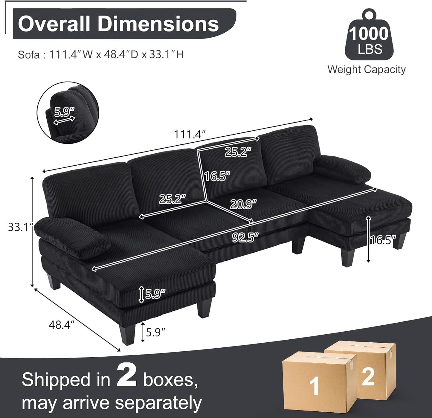 Karl home U-Shape Sectional Sofa Couch 111" Modern 4-Seat Sofa with Chaises Corduroy Fabric Upholstered Covertible Couch with Wood Grain Legs for Living Room, Reception Room, Apartment, Black