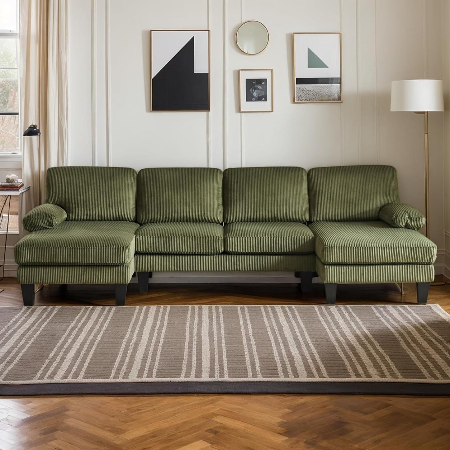 Karl home U-Shape Sectional Sofa Couch 111" Modern 4-Seat Sofa with Chaises Corduroy Fabric Upholstered Covertible Couch with Wood Grain Legs for Living Room, Reception Room, Apartment, Green
