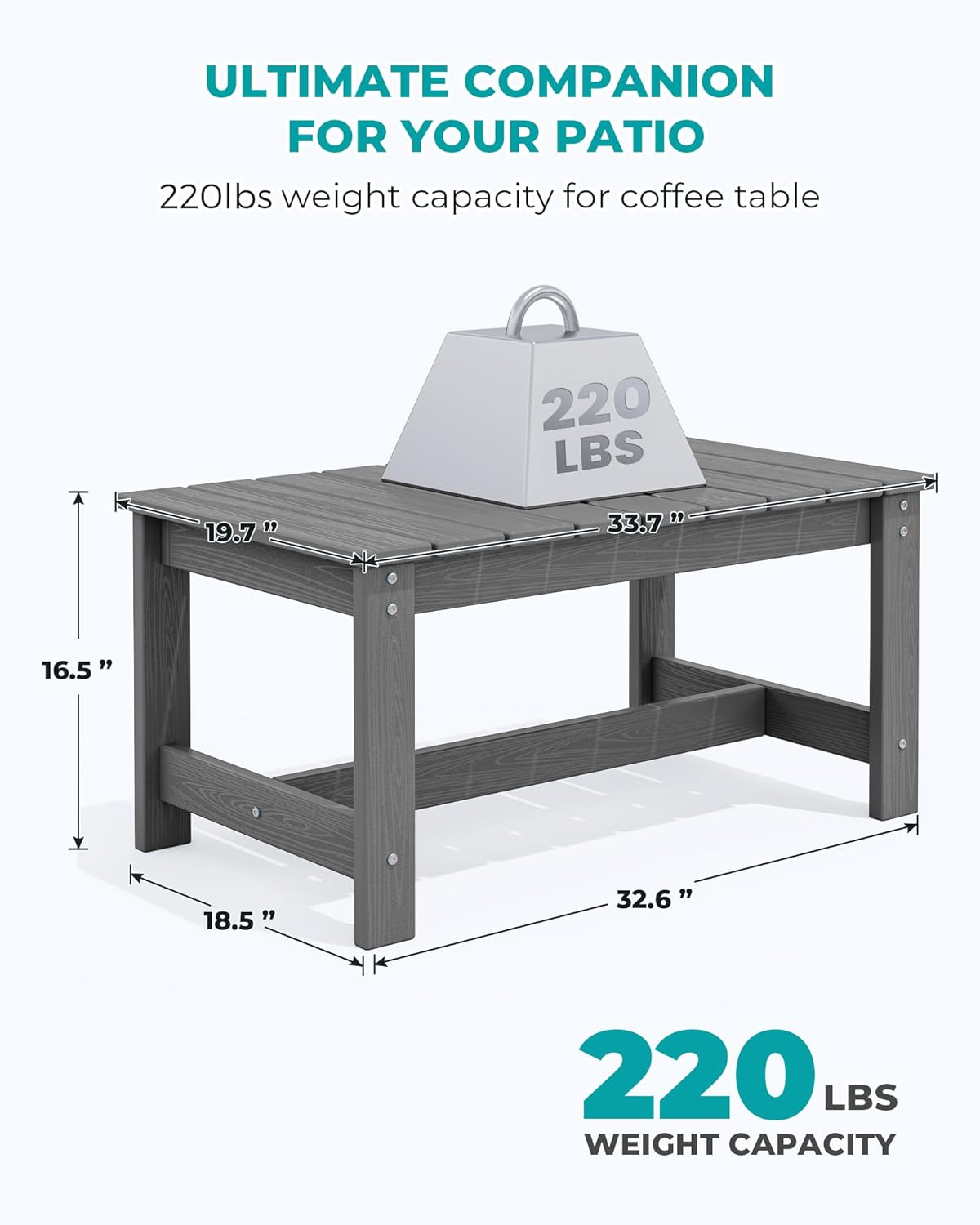 SERWALL Outdoor Coffee Table, HDPE Patio Coffee Table for Outside, Grey