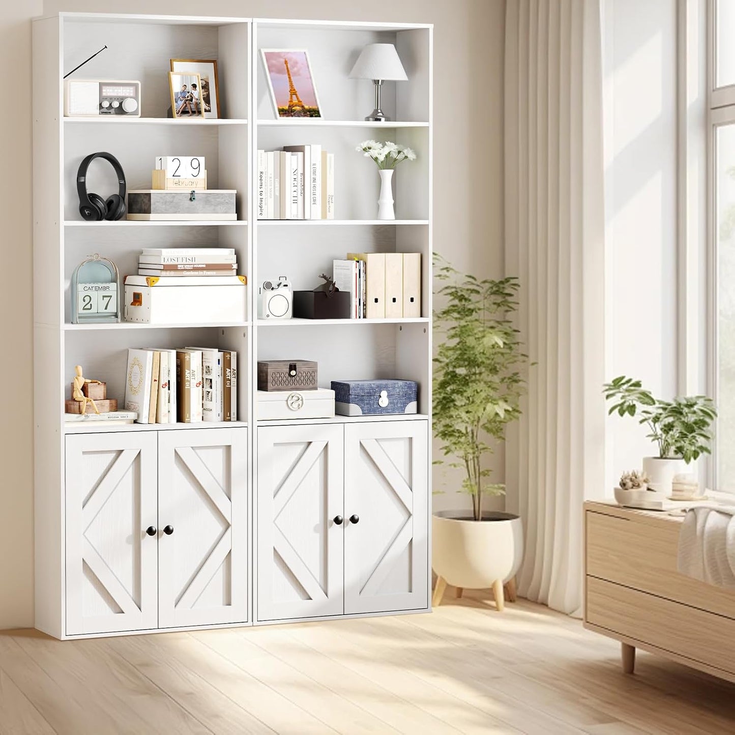 Tall White Bookcase with Doors – Wooden Bookshelf with Storage Cabinet & Shelves for Living Room, Bedroom, or Office