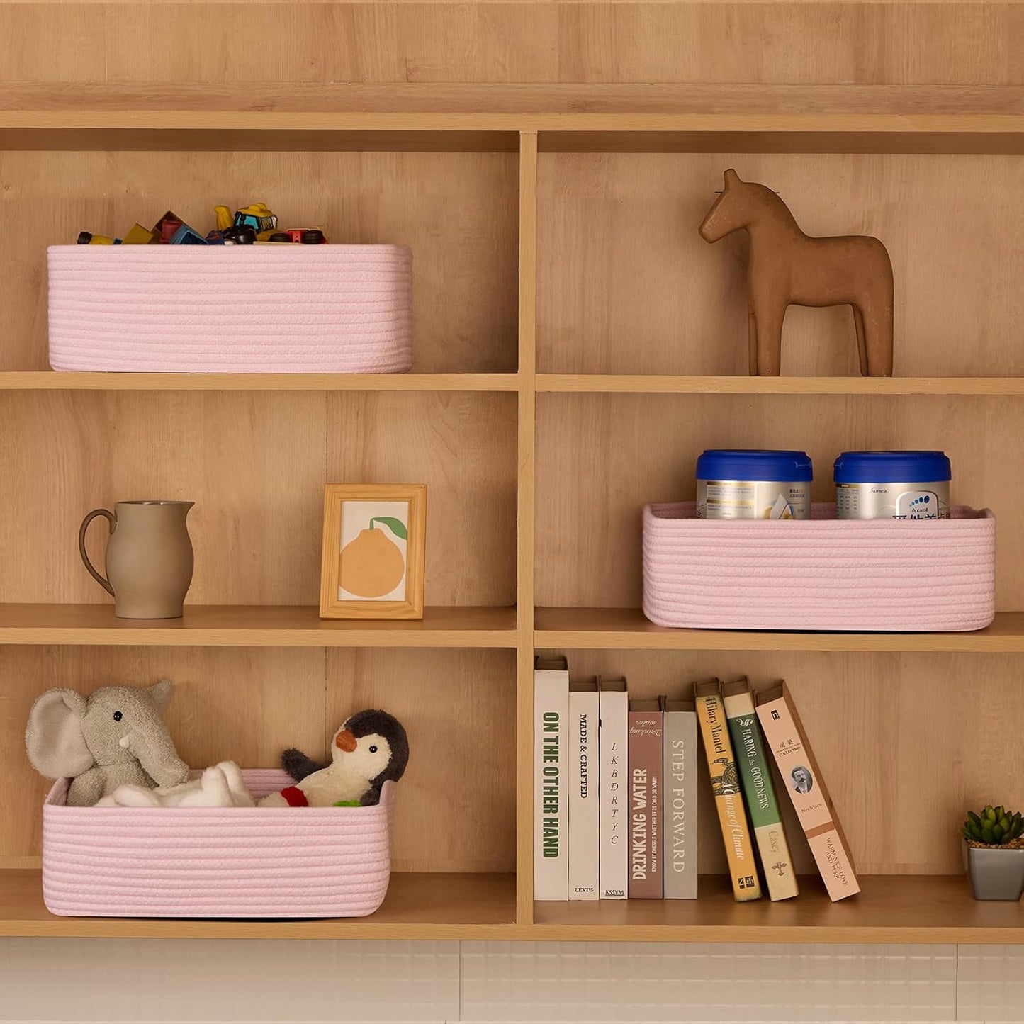 Large Shallow Organizing Baskets 15x11x5.1 Inches - Rope Woven Storage Bins for Bathroom, Shelves, Cube Closet, Light Pink 2 Packs