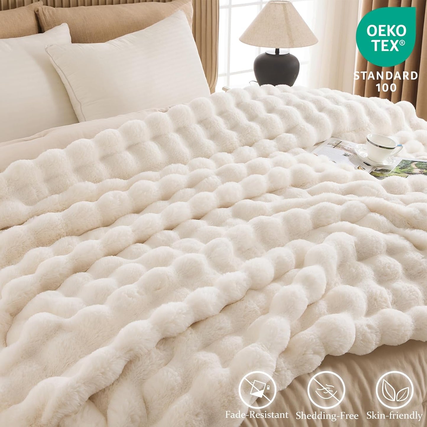 Cozy Faux Fur Throw Blanket for Bed-Warm Fuzzy Throw Blanket, Soft Plush Thick Bubble Blankets for Bedroom and Living Room, Furry Luxury Blanket, 90 x 90, Cream