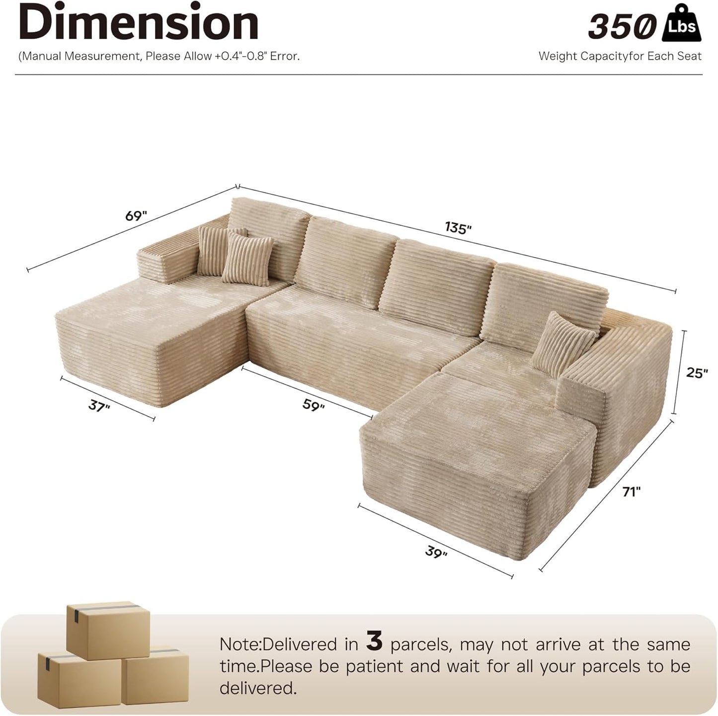 ovios Sectional Cloud Couch for Living Room, Modular Floor Sofa with Plush Corduroy, No Assembly Required, Big Comfy Couches Set with Fluffy Memory Foam, Stupendous U Shaped Sofas with Chaise, Grey