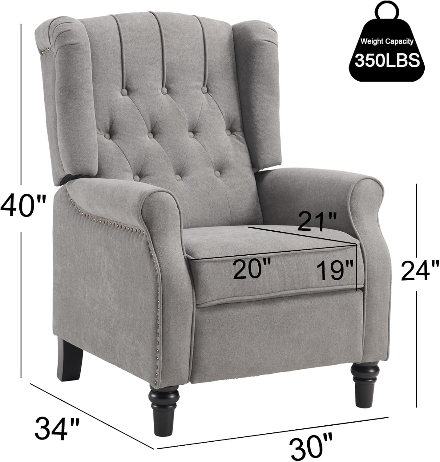 EBELLO Pushback Recliner Chair, Fabric Armchair Push Back Recliner with Rivet Decoration, Mid Century Wingback Accent Chair for Living Room, Bedroom, Grey
