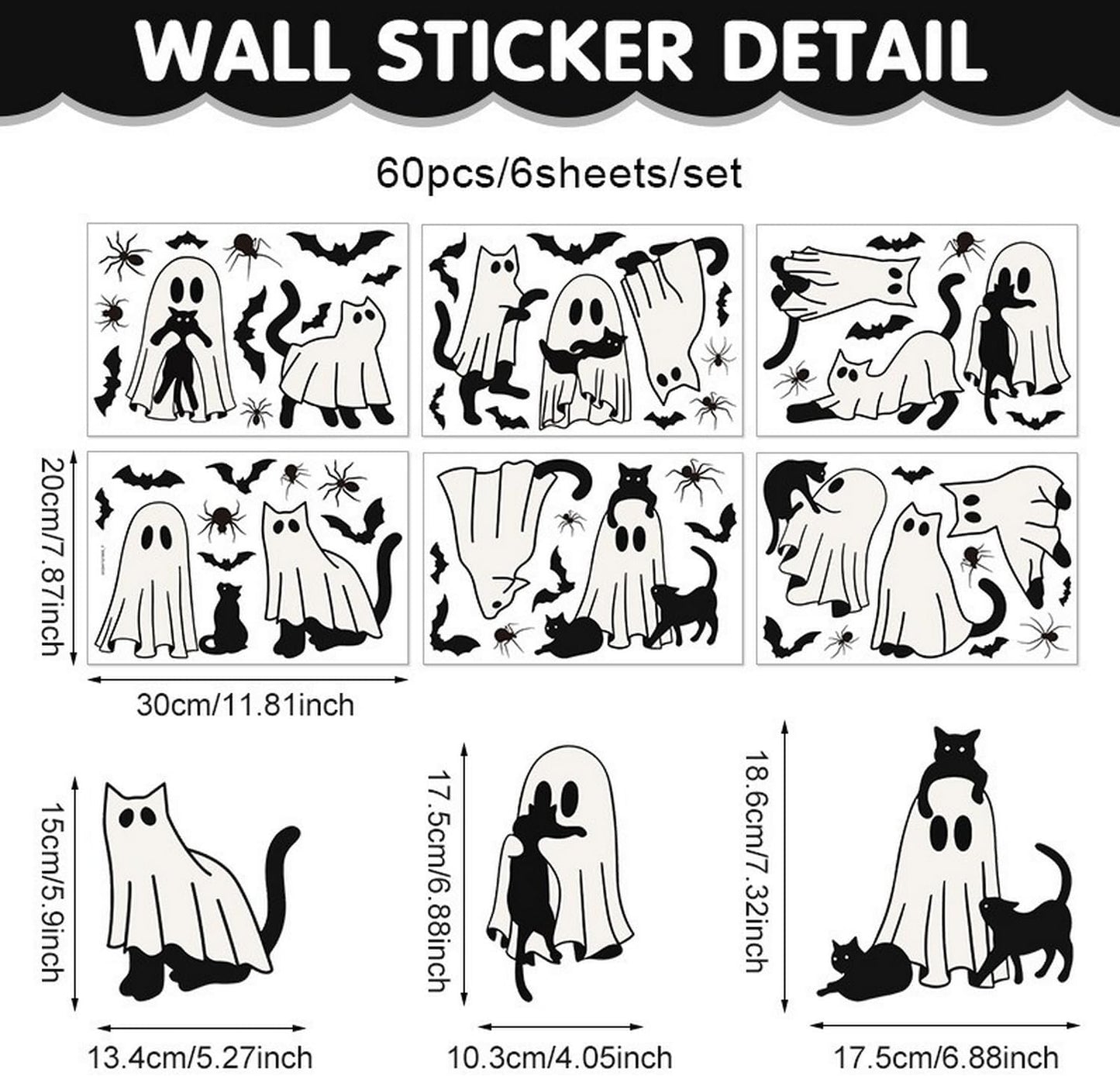 Halloween Ghost Window Clings for Glass 6 Sheets Cute Window Decals Spooky Window Stickers Cat Spider Reusable Windows Cling for Halloween Fall Party Home School Office Glass Supplies Decorations