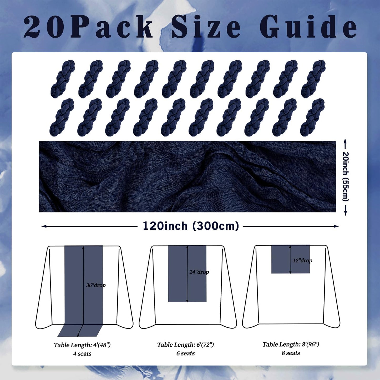20 Pack Navy Blue Cheesecloth Table Runner 10FT Boho Fabric Rustic Cheese Cloth Table Runner for Wedding Bridal Shower Baby Shower Gauze Sheer Birthday Party Table Decorations 20 x 120 Inch Long