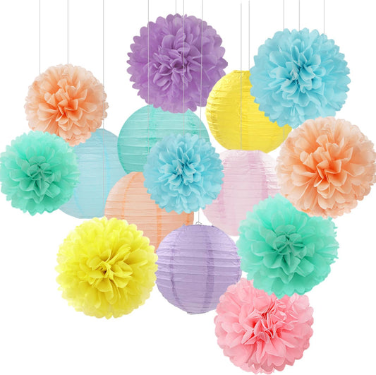 Pastel Rainbow Colorful Party-Decorations Paper Flowers Lanterns - 15PCS Birthday Classroom Baby Shower Tissue Pom Poms Streamers, Macaron Carnival Theme Hanging Supplies Decor Hugfond