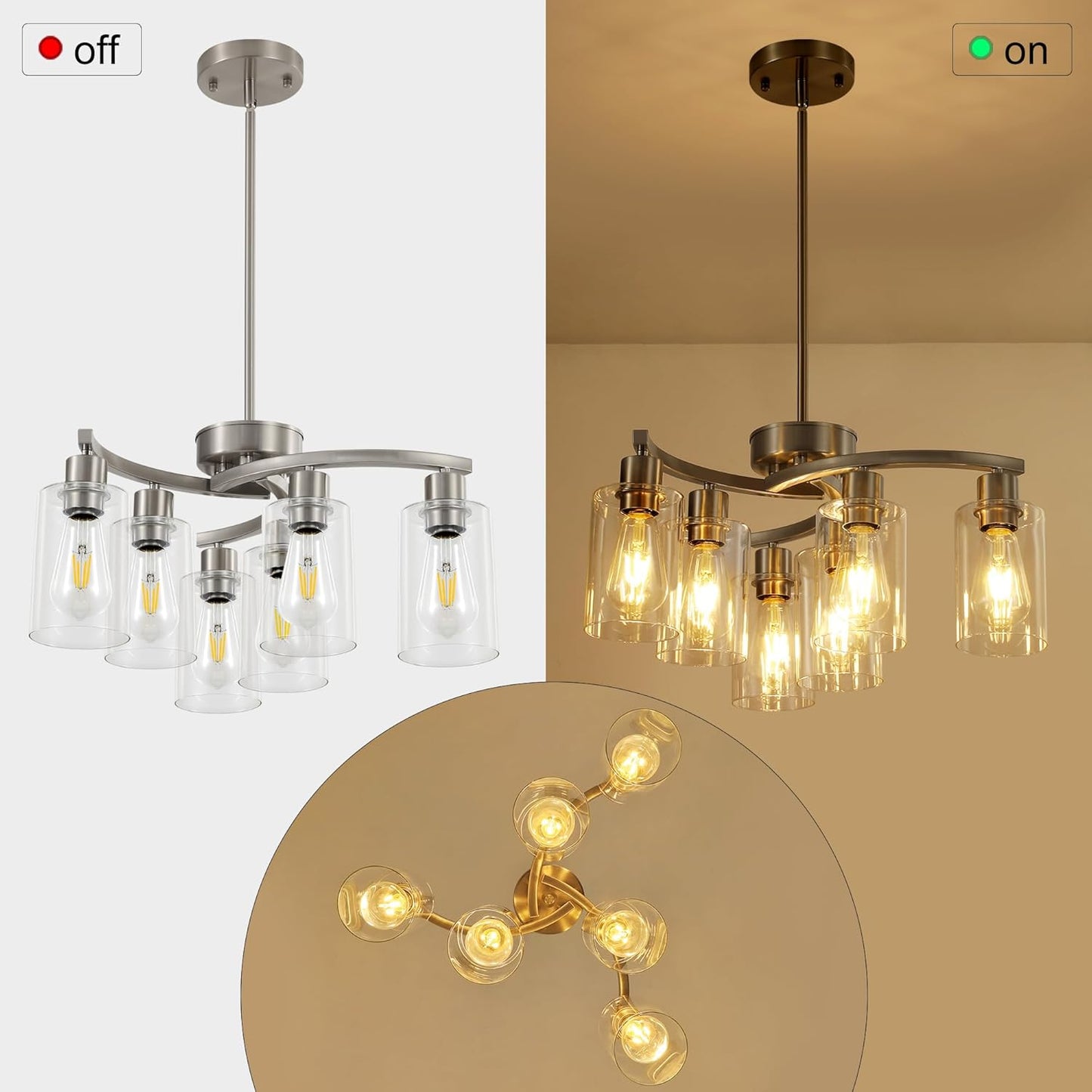 6 Light Modern Brushed Nickel Pendant Light Fixture For Dining Room，Contemporary Kitchen Light Fixtures Brushed Nickel，Adjustable Height Farmhouse Dining Chandeliers Over Table，With Glass Shade